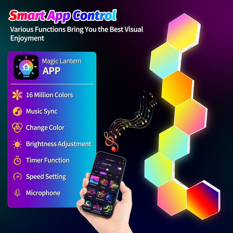 Hervika 8 Pack DIY Hexagon LED Lights, Music Sync RGB Gaming Lights with APP Smart Wall Lights for Bedroom Living Room Decor - Image 2