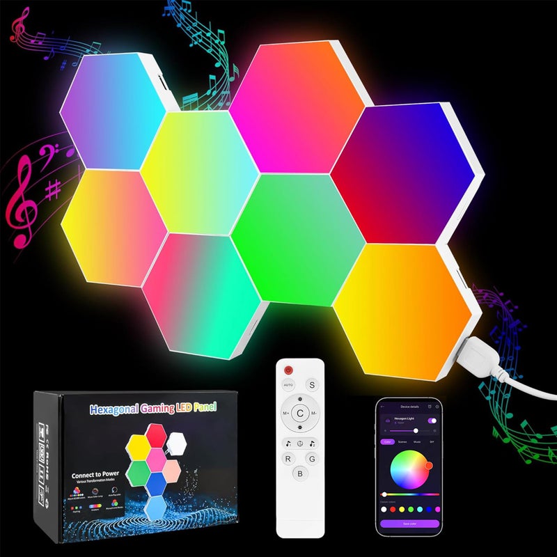 Hervika 8 Pack DIY Hexagon LED Lights, Music Sync RGB Gaming Lights with APP Smart Wall Lights for Bedroom Living Room Decor - Image 1