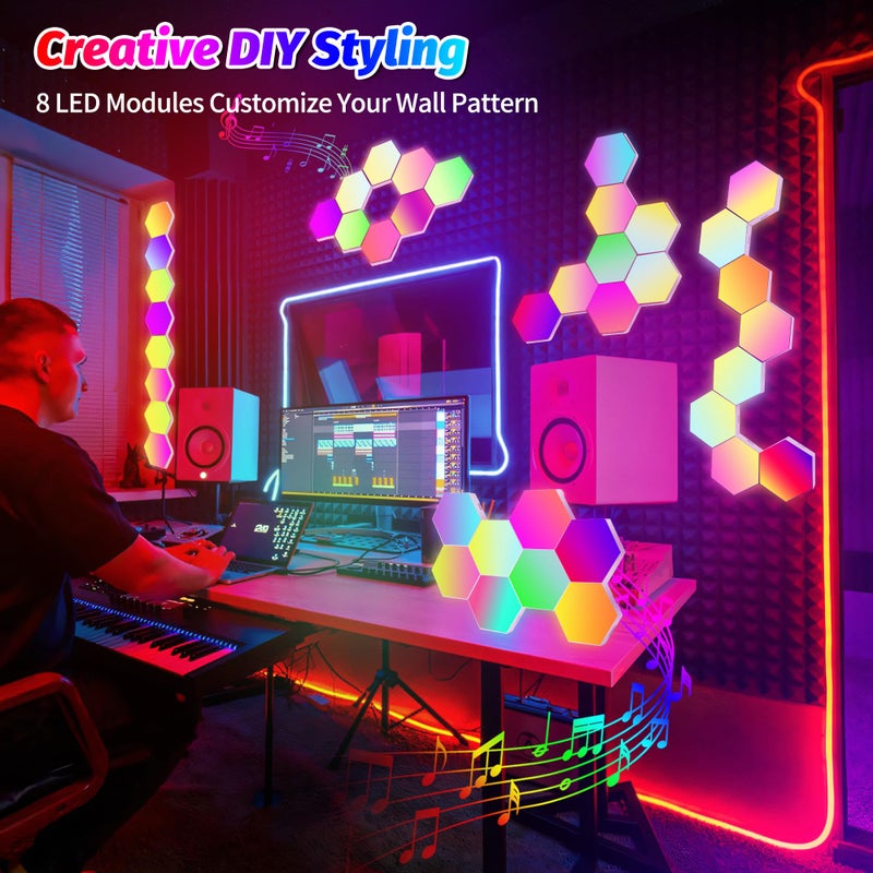 Hervika 8 Pack DIY Hexagon LED Lights, Music Sync RGB Gaming Lights with APP Smart Wall Lights for Bedroom Living Room Decor - Image 4