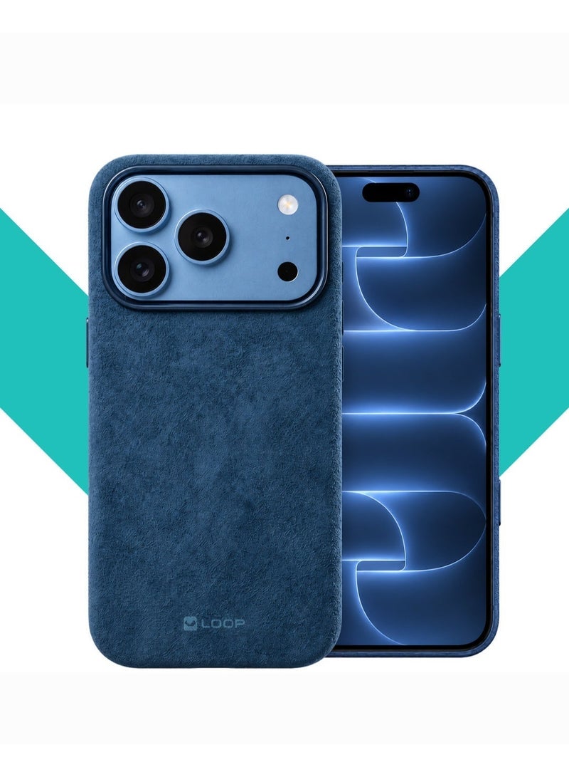 LOOP Alcantara Case Compatible with iPhone 18 Pro, Slim MagSafe Compatible Cover, Soft Suede Feel, Metal Buttons, Raised Camera and Screen Protection, Blue - Image 1