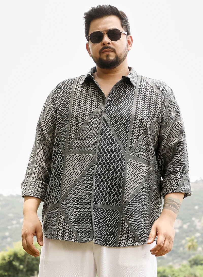 انستافاب بلس Instafab Men's Coin Grey & Onyx Black Mono-Kaleidoscopic Jacquard Shirt | Spread Collar , Long Cuffed Sleeves , Button Closure | Geometric Jacquard | Cotton-Blend Shirt For Casual Wear