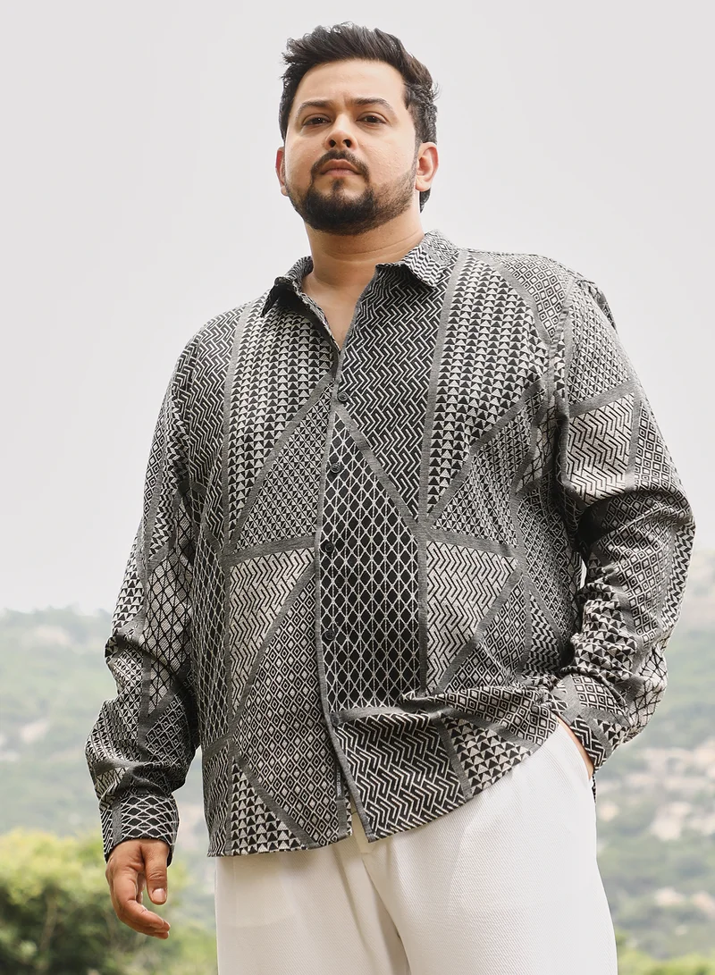 انستافاب بلس Instafab Men's Coin Grey & Onyx Black Mono-Kaleidoscopic Jacquard Shirt | Spread Collar , Long Cuffed Sleeves , Button Closure | Geometric Jacquard | Cotton-Blend Shirt For Casual Wear