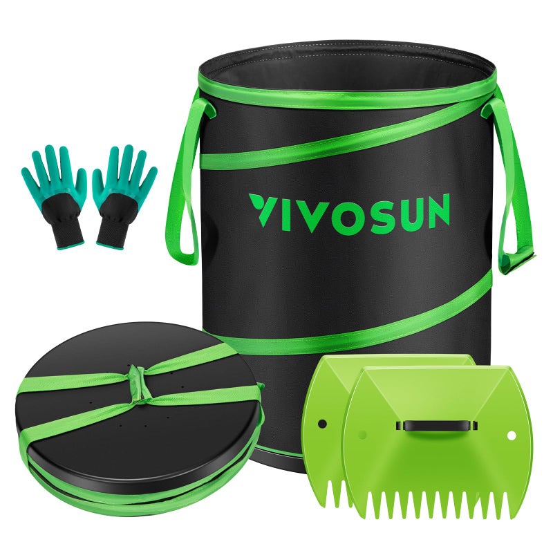 VIVOSUN 47Gallon Collapsible Trash Can Reusable PopUp Garden Bag with HardShell Bottom Leaf Scoops and Gloves Yard Waste Container for Lawn Care and Camping