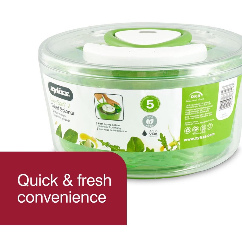 Zyliss Easy Spin 2 AquaVent Large Salad Spinner - Salad Spinner with Pull Cord - Salad Bowl for 4 to 6 Servings - Manual Vegetable and Fruit Dryer - Vegetable Spinner with Brake - Green, Large - Image 2