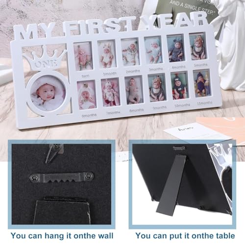HOME ELEMENTS Baby First Year Photo Frame, Monthly Milestone Picture Collage, 13 Photo Slots with Crown Design, Tabletop Photo Frame Gift For Newborn Baby - 39x18.5cm (Blue) - Image 4