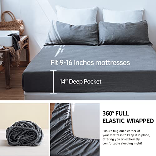 Simple&Opulence 100% Linen Sheet Set 4pcs Basic Style, Deep Pocket, Natural French Washed Flax Solid Color Soft Breathable Bed Sheets - Linen, Queen - Image 3