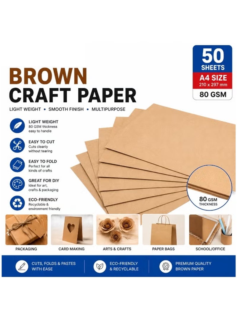 50-Sheet Brown Craft Paper A4 Size 80gsm Thickness