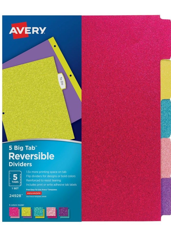 AVERY Big Tab Reversible Fashion Dividers, 5 Tabs, 1 Set, Assorted Glitter Colors (24928) - Image 1