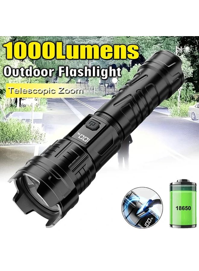 Black Portable Outdoor LED Flashlight Zoomable Beam USB Rechargeable for Camping Hunting Emergency - Image 3