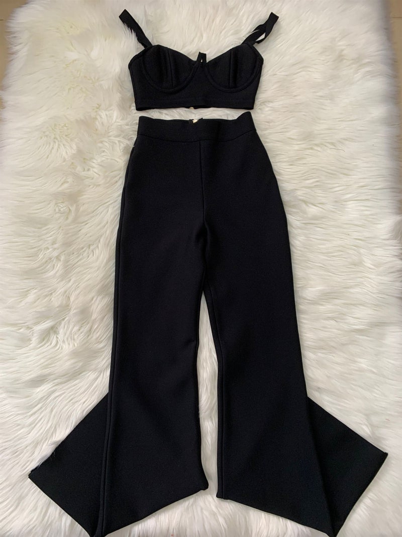 New Chic Bandage Dress Top  Tight Pants Set Black 