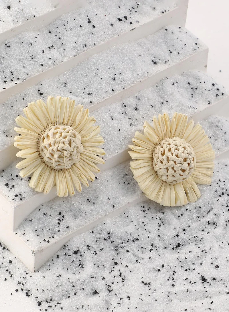 سوهي SOHI Women's The Boho-Sunflower Stud Earrings For Casual Wear | Off-White Colour | Jute Material | Push Back Closure | Metallic Earrings | Stud Earrings For Women & Girls