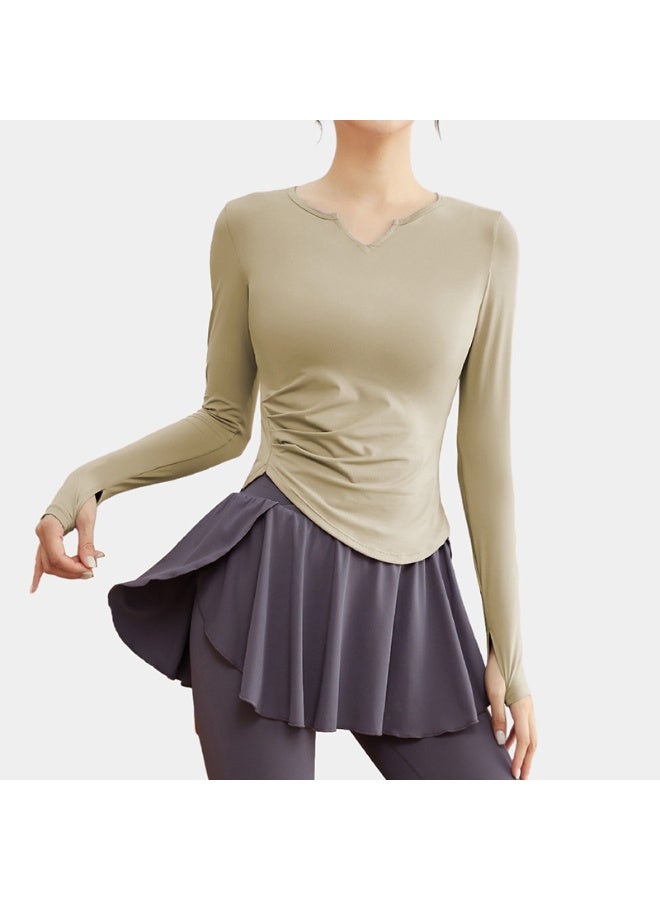 Fashion Slim Simplicity  Pleated Long Sleeve V-neck Fitness Running Yoga Women Clothes Irregular Pullover Solid Color Tops - Image 1