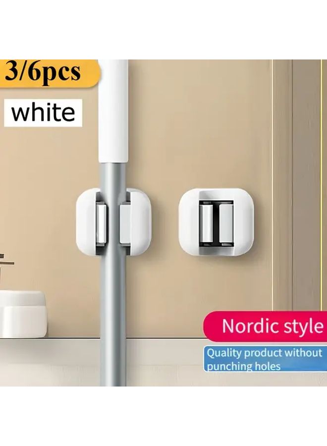 White 6pcs Wall Mounted Mop Broom Holder Self Adhesive No Drill Hanger - Image 1