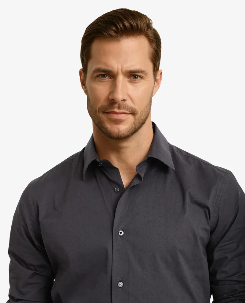 Rare Rabbit Rare Rabbit Men Neutron-9 Dark Grey Cotton Spandex Blend Fabric Full Sleeves Regular Fit Solid Shirt