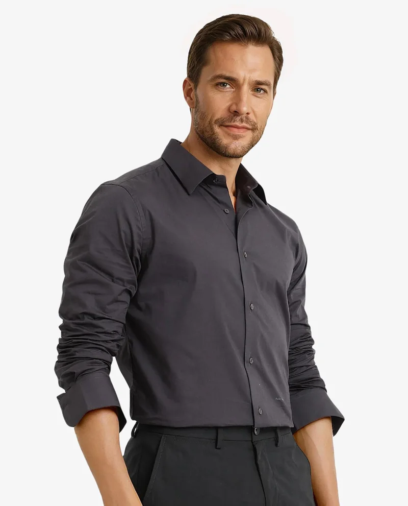 Rare Rabbit Rare Rabbit Men Neutron-9 Dark Grey Cotton Spandex Blend Fabric Full Sleeves Regular Fit Solid Shirt