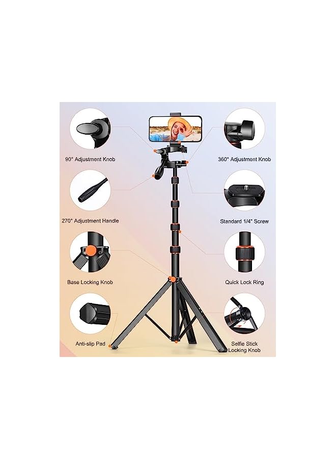 erorex 63.5", Ufanore Extendable Tripod For Mobile With 360° Rotatable Pan Head, Aluminum Alloy & Flexible Selfie Stick Tripod With Remote, Travel Tripod Stand For Iphone/Gopro, Detachable&Portable  - Image 2