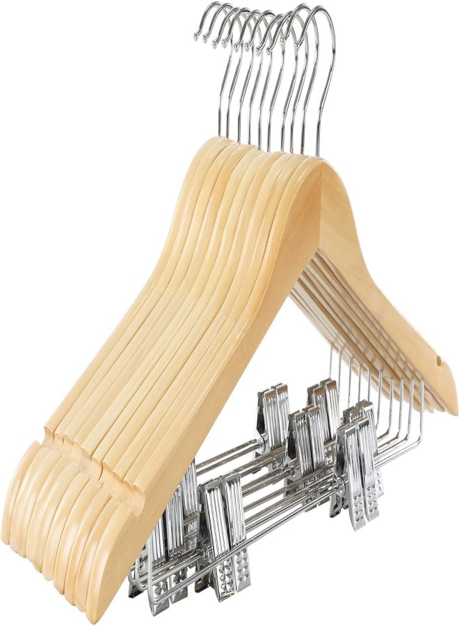Wooden Suit Hangers with Adjustable Metal Clips (10 Pack), Solid Wood Clothes Hangers, 360° Swivel Hook, Premium Retro Finish Pants Hangers for Clothes Coat, Jeans, Blouse  - Image 1