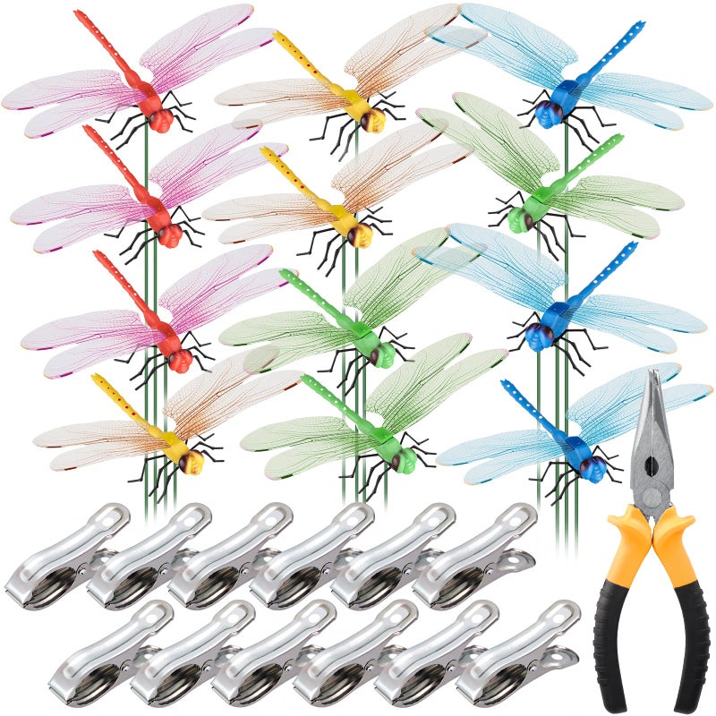 NiHome 12-Pack Large Dragonfly Clip Decoration Set for Garden, Hat, Pet, Indoor & Outdoor Display, Easy Installation Realistic Waterproof PVC Dragonflies in Vibrant Colors, Durable & Sways Naturally - Image 1