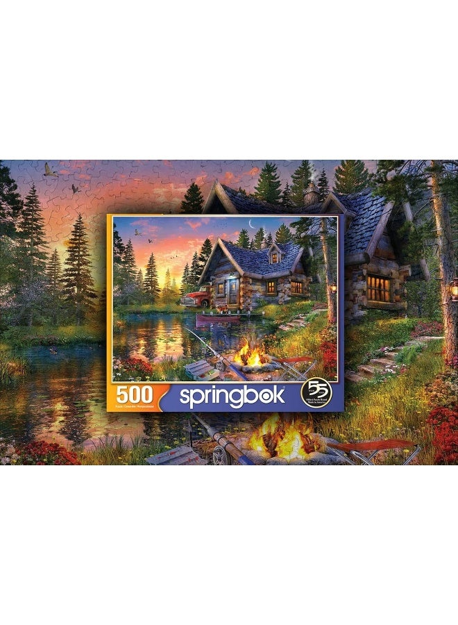 Springbok Sun Kissed Cabin 500 Piece Jigsaw Puzzle for Adults Features a Fishing Cabin by The Lake in a Colorful Illustration - Image 4
