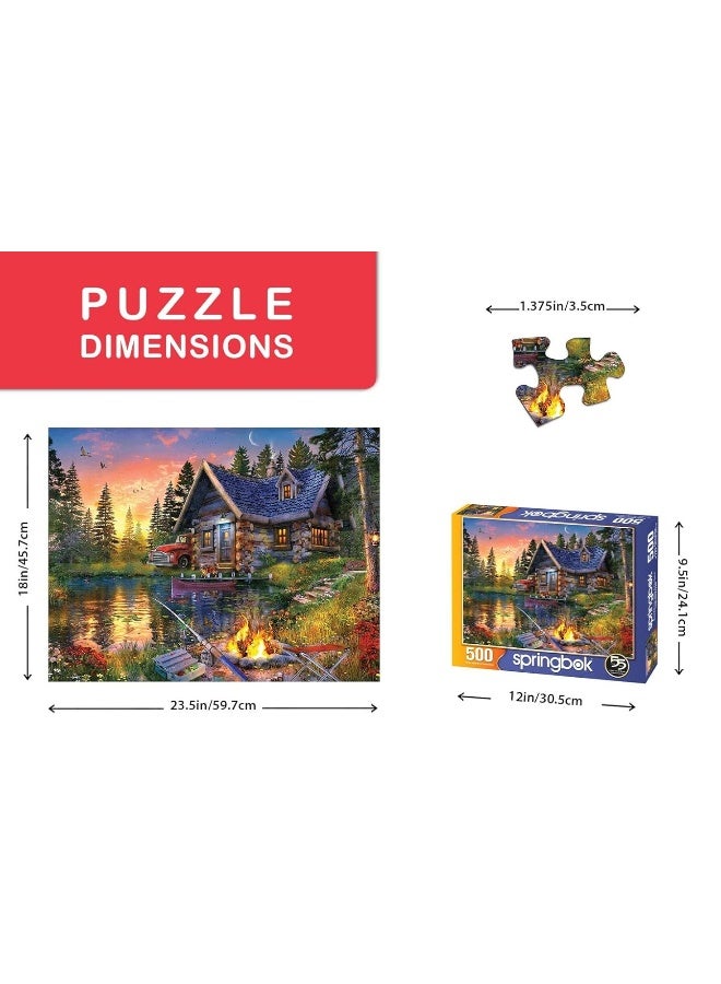 Springbok Sun Kissed Cabin 500 Piece Jigsaw Puzzle for Adults Features a Fishing Cabin by The Lake in a Colorful Illustration - Image 3