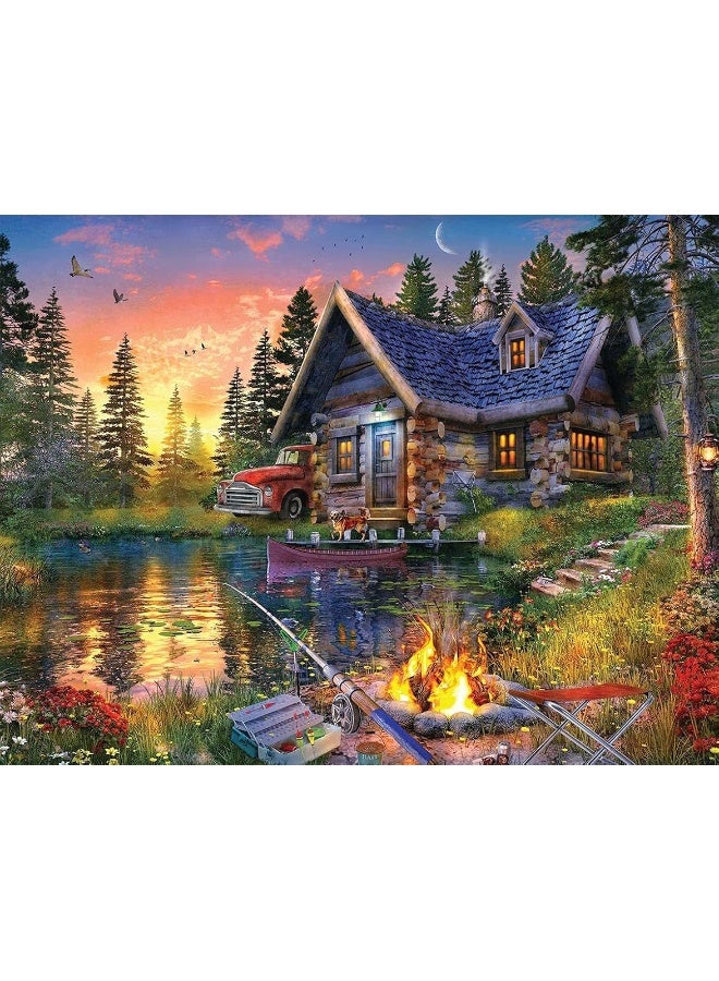 Springbok Sun Kissed Cabin 500 Piece Jigsaw Puzzle for Adults Features a Fishing Cabin by The Lake in a Colorful Illustration - Image 5