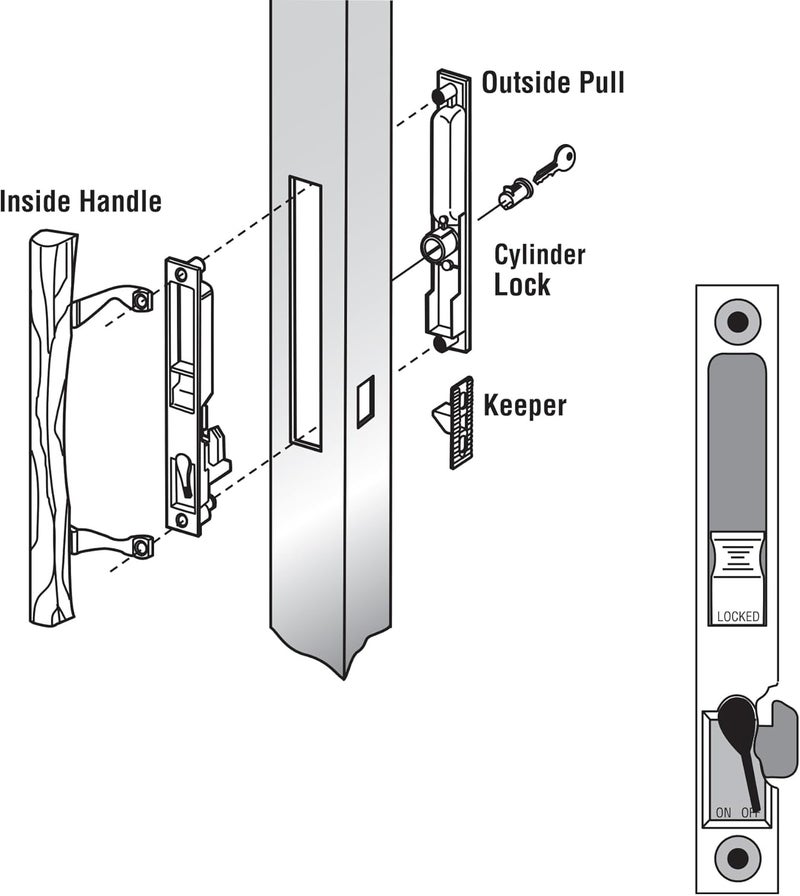 PRIMELINE C 1032 Keyed Sliding Glass Door Handle Set – Replace Old or Damaged Door Handles Quickly –Wood and Black Painted Diecast, Hook Style, Flush Mount, Fits 6-5/8 in. Hole Spacing (1 Set) - Image 4