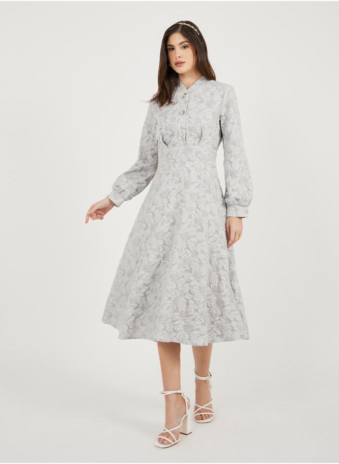 Styli Styli Jacquard Long Sleeves A-Line Midi Dress  - Image 1