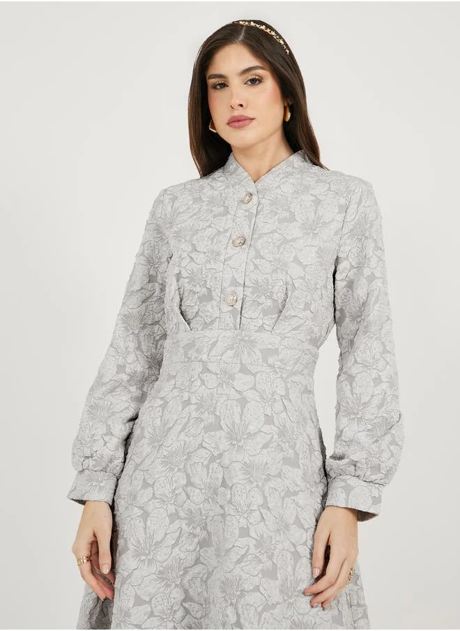 Styli Styli Jacquard Long Sleeves A-Line Midi Dress