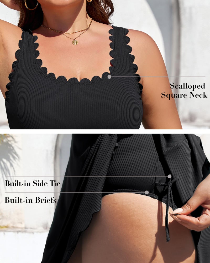 Charmo Women Plus Size Bathing Suit Tummy Control One Piece Swim Dress Scalloped Square Neck High Waisted Swimsuit 2026 Black 2X - Image 4