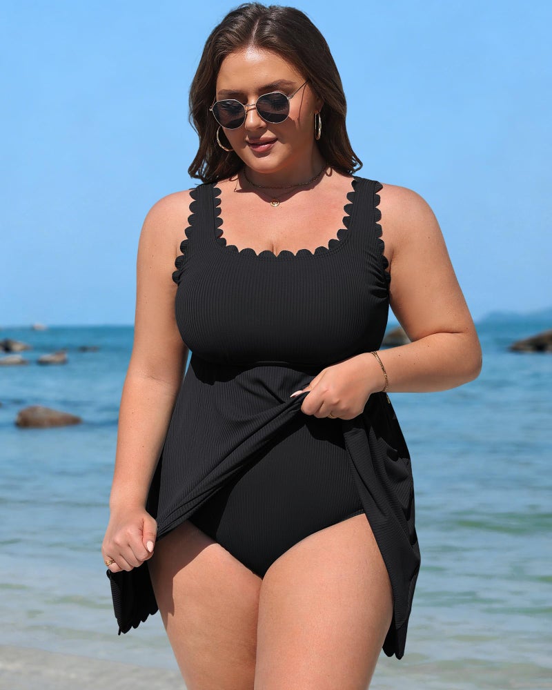 Charmo Women Plus Size Bathing Suit Tummy Control One Piece Swim Dress Scalloped Square Neck High Waisted Swimsuit 2026 Black 2X - Image 5