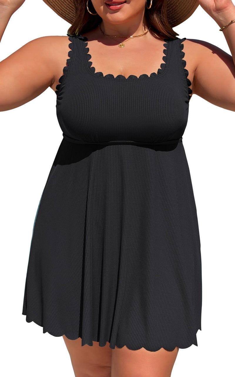 Charmo Women Plus Size Bathing Suit Tummy Control One Piece Swim Dress Scalloped Square Neck High Waisted Swimsuit 2026 Black 2X - Image 1