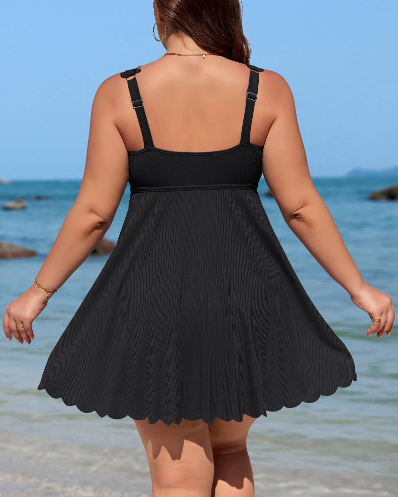 Charmo Women Plus Size Bathing Suit Tummy Control One Piece Swim Dress Scalloped Square Neck High Waisted Swimsuit 2026 Black 2X - Image 3