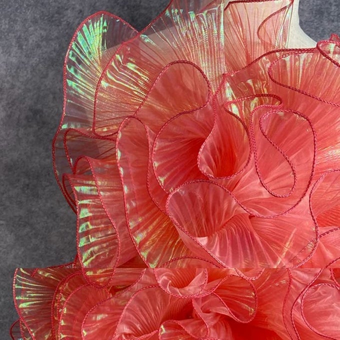 5 YARDS RETRO RUFFLE PLEATED CHIFFON TRIM DRESS BAG DECORATION TULLE FABRIC APPLIQUE TRIMMING CRAFT SEWING CORAL RED