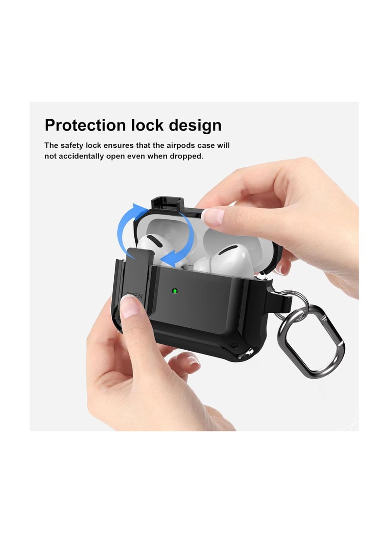 ماركة غير محددة - حافظة Airpods Pro 2 وحافظة Airpods Pro 1st مع سلسلة مفاتيح وقفل آمن وحافظات عسكرية متينة لـ Airpods Pro الجيل الثاني 2022 وAirpods Pro 2019 مع إضاءة LED أمامية مرئية، أسود - Image 1
