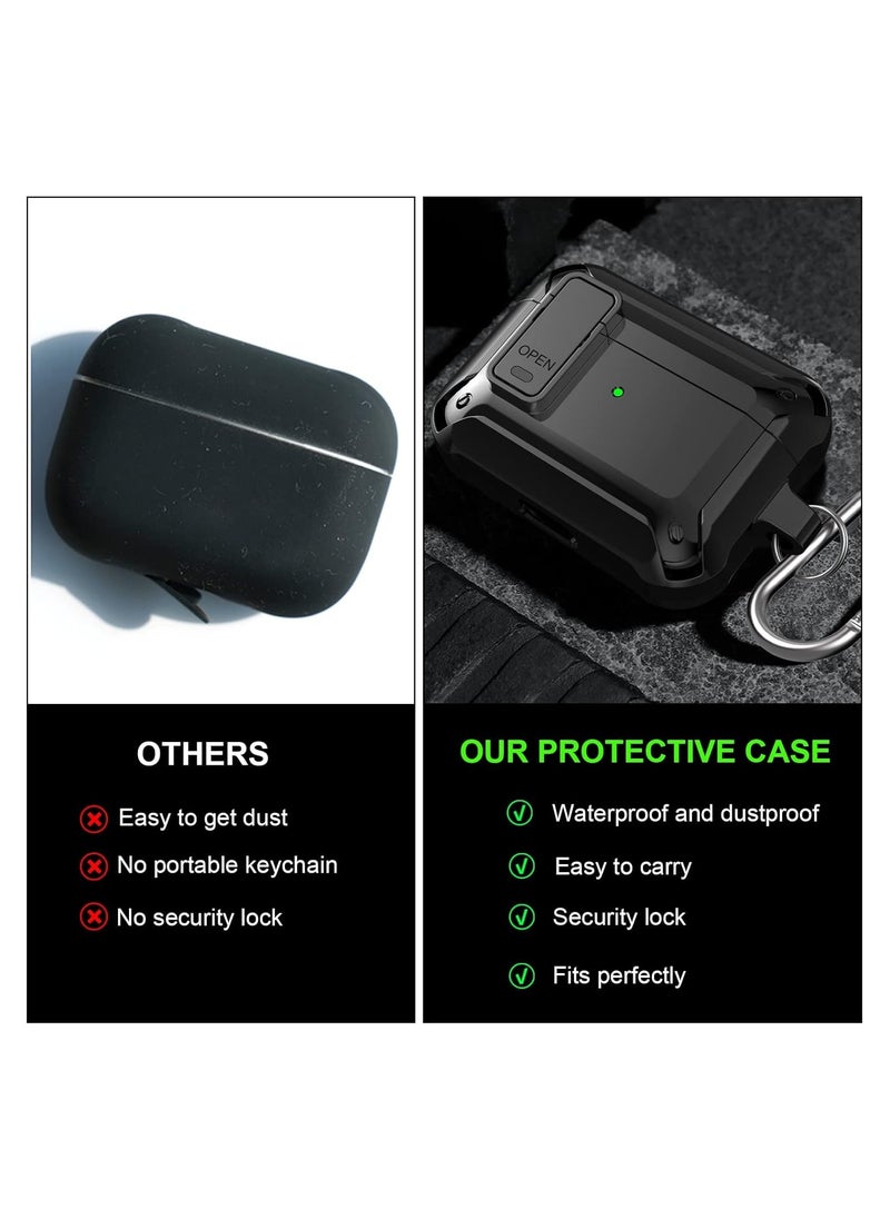 ماركة غير محددة - حافظة Airpods Pro 2 وحافظة Airpods Pro 1st مع سلسلة مفاتيح وقفل آمن وحافظات عسكرية متينة لـ Airpods Pro الجيل الثاني 2022 وAirpods Pro 2019 مع إضاءة LED أمامية مرئية، أسود - Image 1