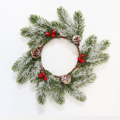 FBIRDY 2pcs Small Christmas Wreath Candle Rings Artificial Cedar Cypress Wreaths with Pinecones Red Berries Candle Holders for Holiday Table Centerpiece Decor - Image 1