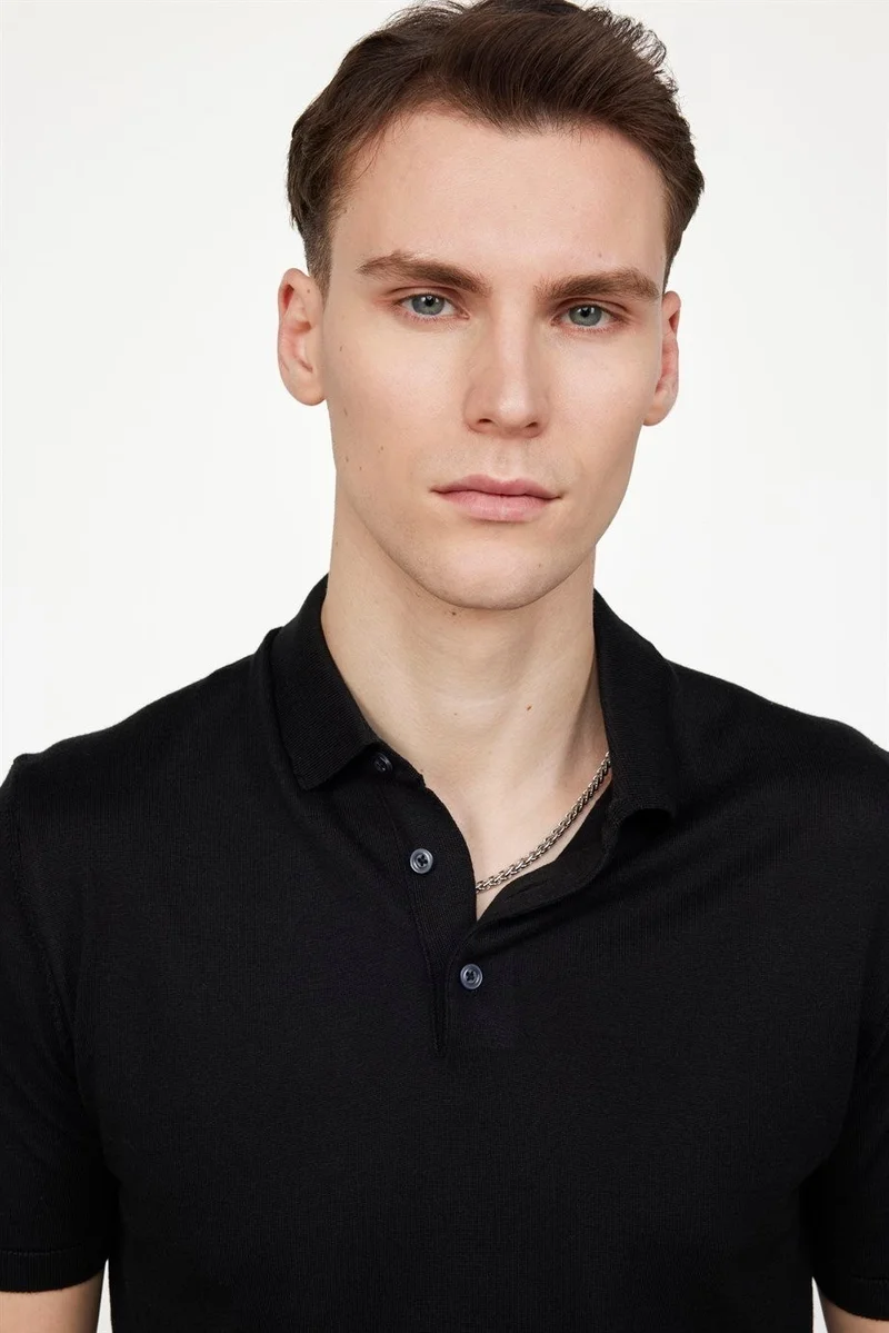 Tudors Men's Slim Fit Narrow Cut Cotton Knitted Knitwear Black Polo Neck T-Shirt