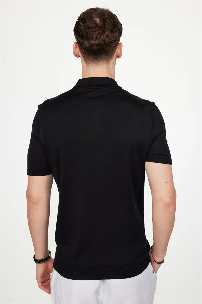 Tudors Men's Slim Fit Narrow Cut Cotton Knitted Knitwear Black Polo Neck T-Shirt
