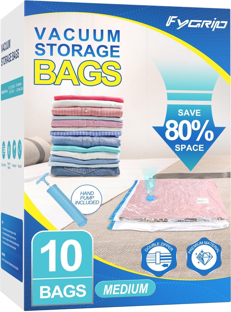 Fygrip Vacuum Storage Bags with Hand Pump, Plastic Packaging Bags, 80% Space Saver Vacuum Seal Bags for Clothing, Travel Lugggage, Blankets, Comforters, 10 Medium - Image 1