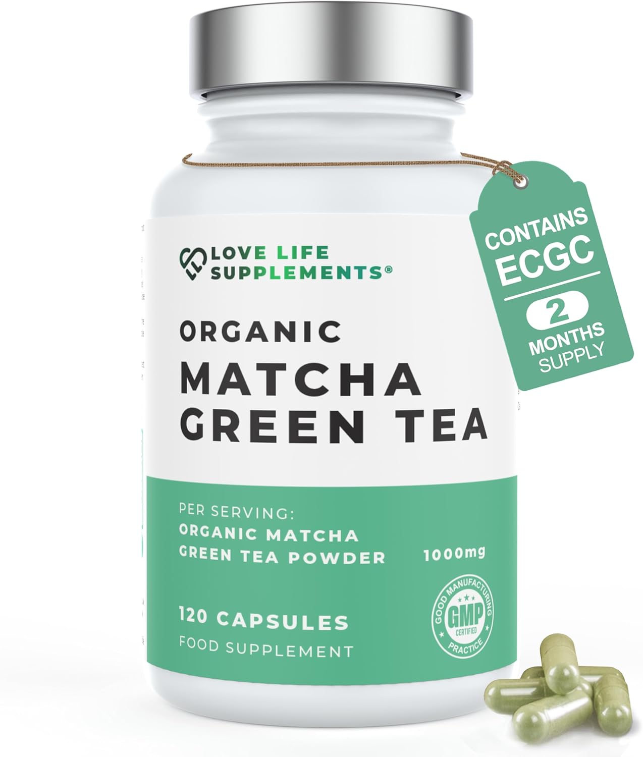 Organic Matcha Green Tea Capsules 2 Month Supply 120 Capsules 1000mg with 50mg ECGC per Serving Lab Tested Powerful AntiOxidant No Fillers Pure Matcha Powder Love Life Supplements