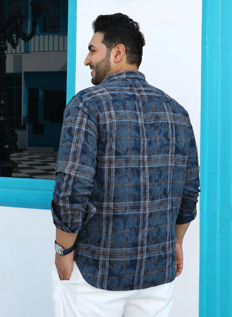 Instafab Plus Instafab Plus Men's Indigo Blue Splatter-Tartan Shirt For Casual Wear | Spread Collar | Long Cuffed Sleeves | Button Closure | Plus Size Shirt Crafted With Comfort Fit For Everyday Wear