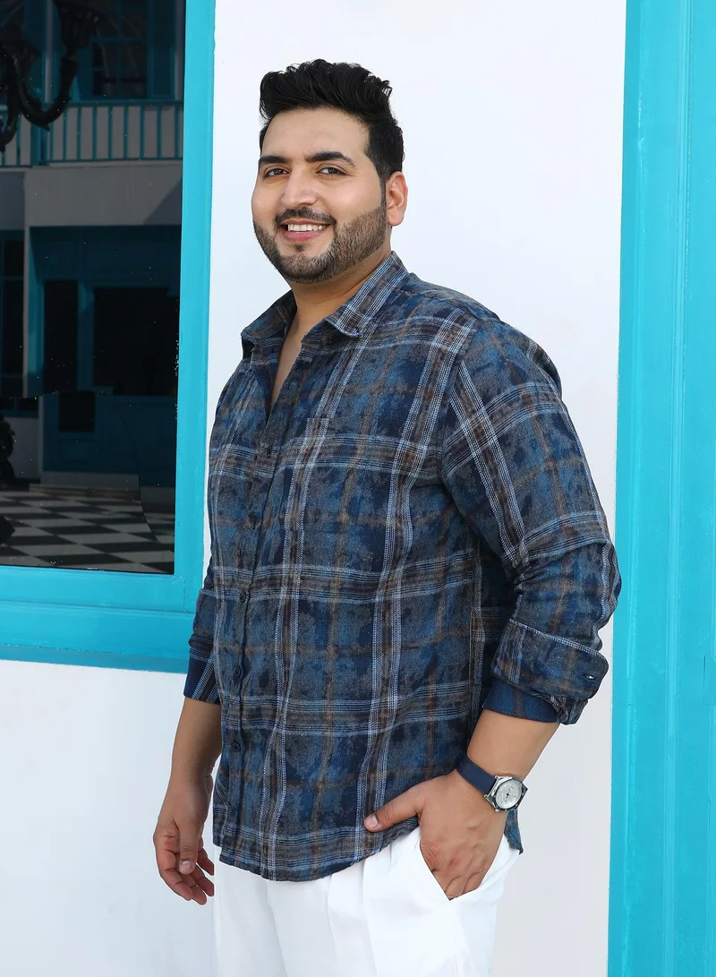 Instafab Plus Instafab Plus Men's Indigo Blue Splatter-Tartan Shirt For Casual Wear | Spread Collar | Long Cuffed Sleeves | Button Closure | Plus Size Shirt Crafted With Comfort Fit For Everyday Wear