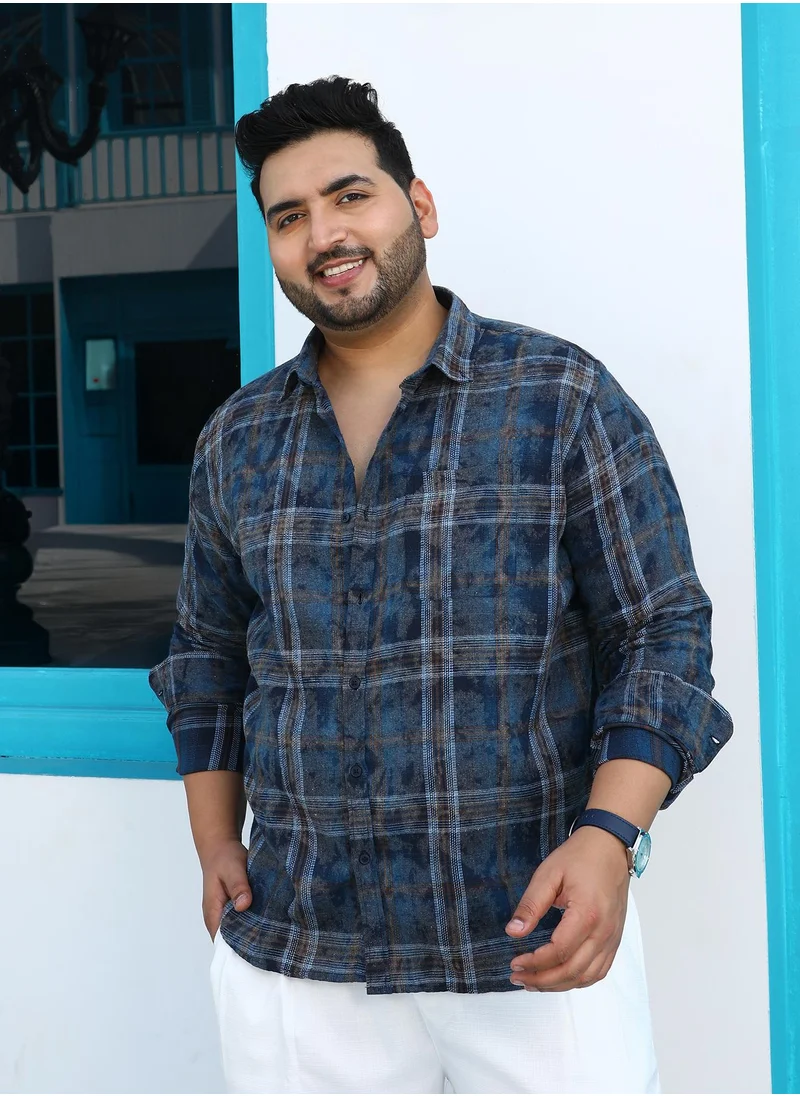 انستافاب بلس Instafab Plus Men's Indigo Blue Splatter-Tartan Shirt For Casual Wear | Spread Collar | Long Cuffed Sleeves | Button Closure | Plus Size Shirt Crafted With Comfort Fit For Everyday Wear