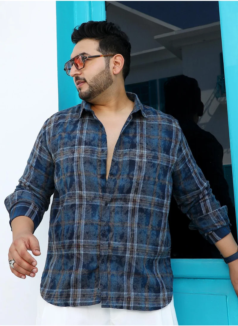 انستافاب بلس Instafab Plus Men's Indigo Blue Splatter-Tartan Shirt For Casual Wear | Spread Collar | Long Cuffed Sleeves | Button Closure | Plus Size Shirt Crafted With Comfort Fit For Everyday Wear