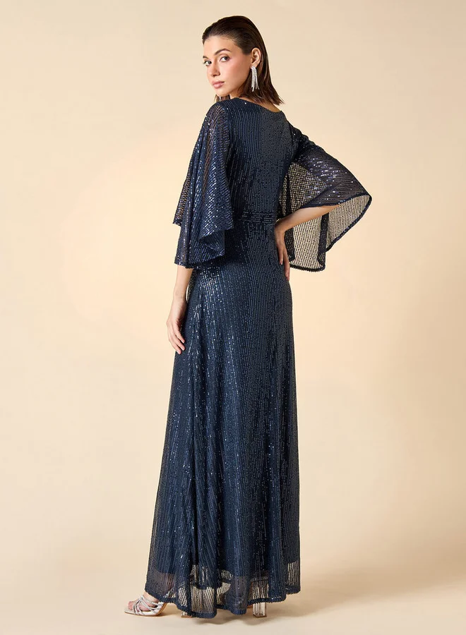2Xtremz 2Xtremz Sequin Embellished Maxi Dress with V-neck and Butterfly Sleeves