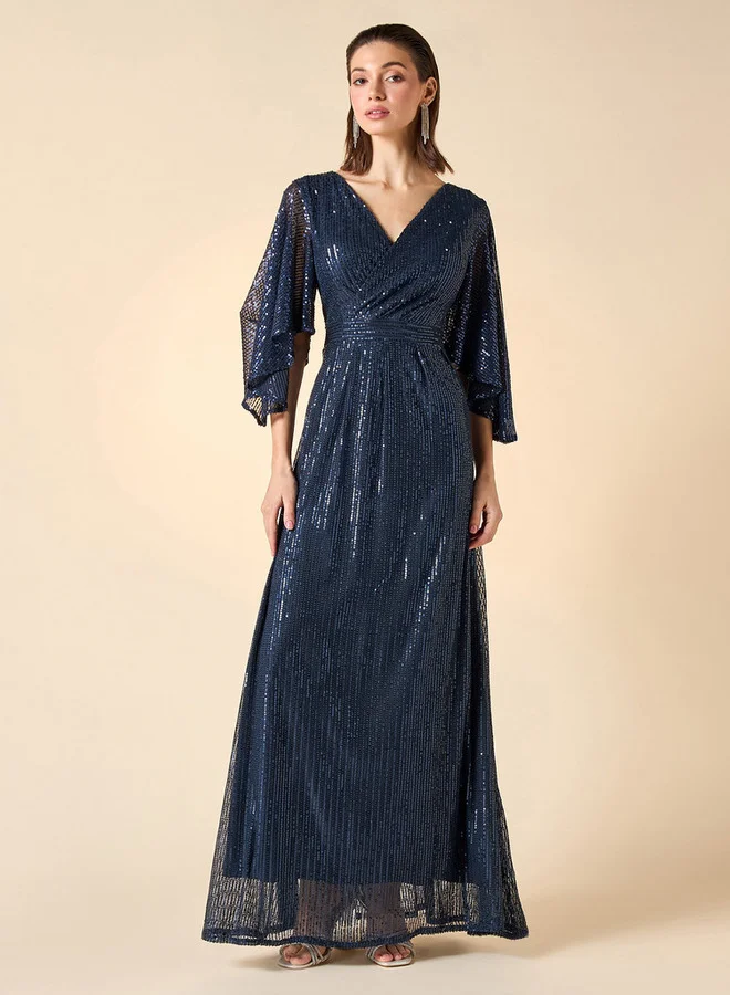 2Xtremz 2Xtremz Sequin Embellished Maxi Dress with V-neck and Butterfly Sleeves