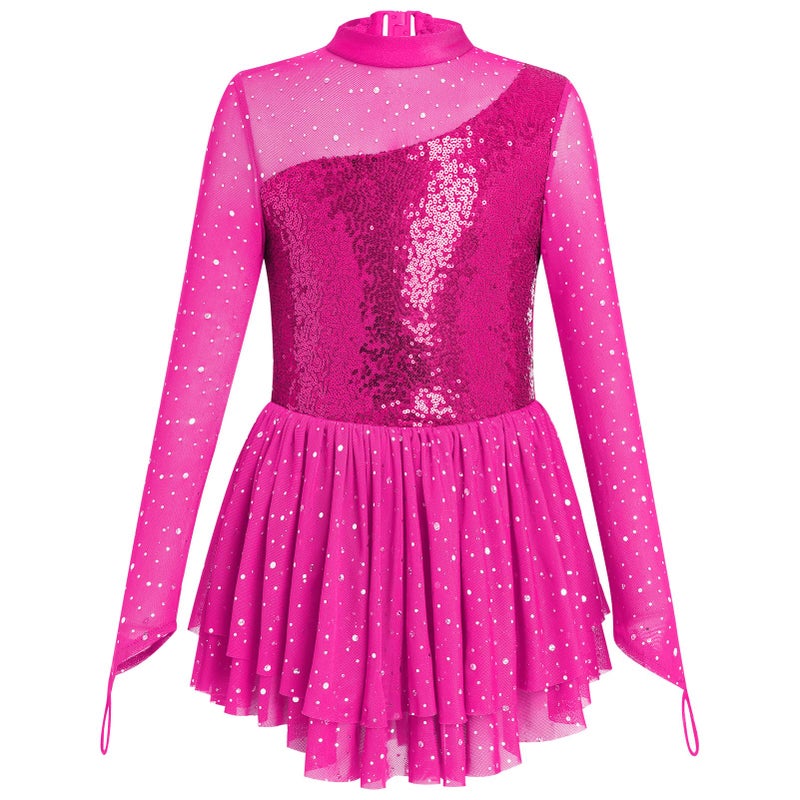 IBAKOM Figure Skating Dress for Girl Sparkly Sequins Mock Neck Toddler Ice Skating Rhythmic Gymnastics Leotard with Chiffon Skirt Teen Ballerina Lyrical Ballet Dance Costume Hot Pink 78 Years - Image 2