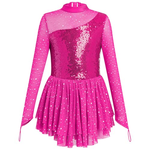 IBAKOM Figure Skating Dress for Girl Sparkly Sequins Mock Neck Toddler Ice Skating Rhythmic Gymnastics Leotard with Chiffon Skirt Teen Ballerina Lyrical Ballet Dance Costume Hot Pink 78 Years - Image 1