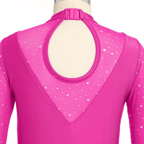 IBAKOM Figure Skating Dress for Girl Sparkly Sequins Mock Neck Toddler Ice Skating Rhythmic Gymnastics Leotard with Chiffon Skirt Teen Ballerina Lyrical Ballet Dance Costume Hot Pink 78 Years - Image 3