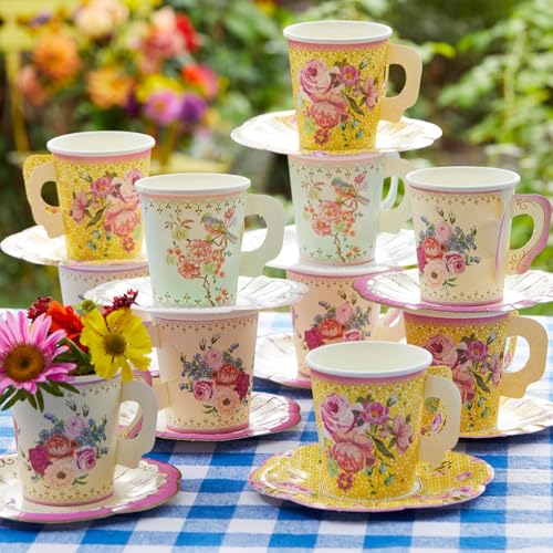 Talking Tables 24 x Vintage Paper Floral Disposable Tea Cups & Saucer Set, Afternoon Tea Party Table Decorations For Mother’s Day, Birthday, Baby Shower, Wedding - 6inches - Image 1